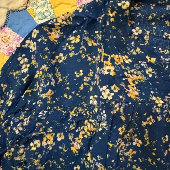 Lauren Conrad Blouse Teal & Yellow Gold Floral, Ruffles, 3/4 Sleeve, Feminine XL - Picture 7 of 16